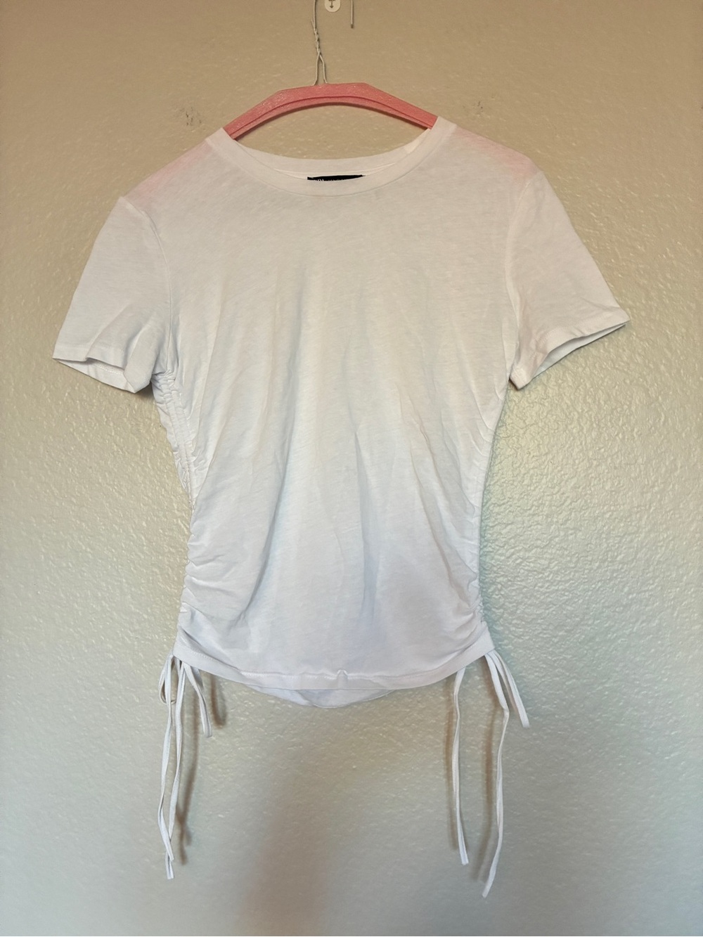 Zara White Ruched Side Tie Cinched Fitted Tee Crop Top Women's Size S Fitted Y2K
